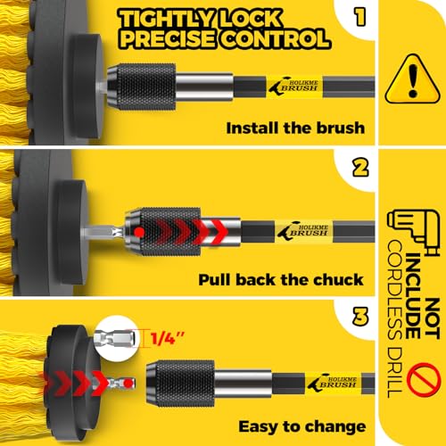 Holikme 4Pack Drill Brush Power Scrubber Cleaning Brush Extended Long Attachment Set All Purpose Drill Scrub Brushes Kit for Grout, Floor, Tub, Shower, Tile, Bathroom and Kitchen Surfaceï¼Yellow