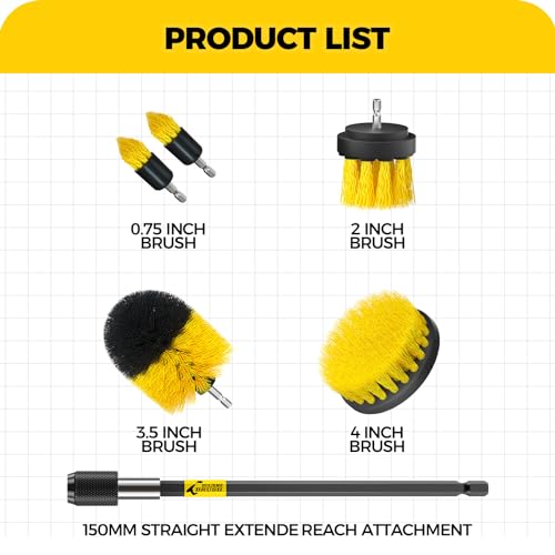 Holikme 4Pack Drill Brush Power Scrubber Cleaning Brush Extended Long Attachment Set All Purpose Drill Scrub Brushes Kit for Grout, Floor, Tub, Shower, Tile, Bathroom and Kitchen Surfaceï¼Yellow
