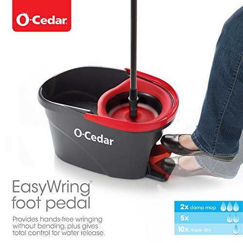 O-Cedar EasyWring Microfiber Spin Mop & Bucket Floor Cleaning System + 2 Extra Refills, Red/Gray