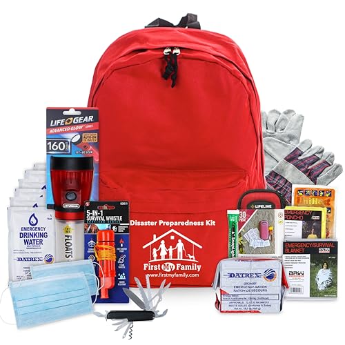 First My Family All-in-One 1 Person, 72 Hour Emergency Survival Kit for Fires, Earthquakes, Hurricanes, Floods, Tsunami and Other Disasters - Premium Blue OR Red Backpack