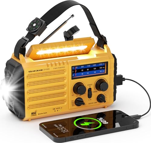 Emergency Radio 5-ways Powered Crank Solar Battery Operated Portable AM FM SW NOAA Weather Alert Radio with USB Charger,Camping Flashlight,Lamp,Headphone Jack,Compass,SOS Alarm,Best Survival Equipment