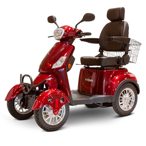 EWheels EW-46 4-Wheel 3-Speed Lightweight Travel Electric Battery-Powered Medical Mobility Scooter with Adjustable Seat and Rear Basket, Red