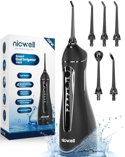 Water Dental Flosser Cordless for Teeth - Nicwell 4 Modes Dental Oral Irrigator, Portable and Rechargeable IPX7 Waterproof Powerful Battery Life Water Teeth Cleaner Picks for Home Travel