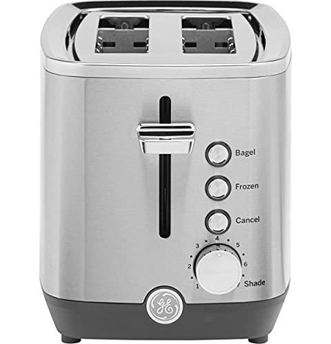 GE Stainless Steel Toaster | 2 Slice | Extra Wide Slots for Toasting Bagels, Breads, Waffles & More | 7 Shade Options for the Entire Household to Enjoy | Countertop Kitchen Essentials | 850 Watts
