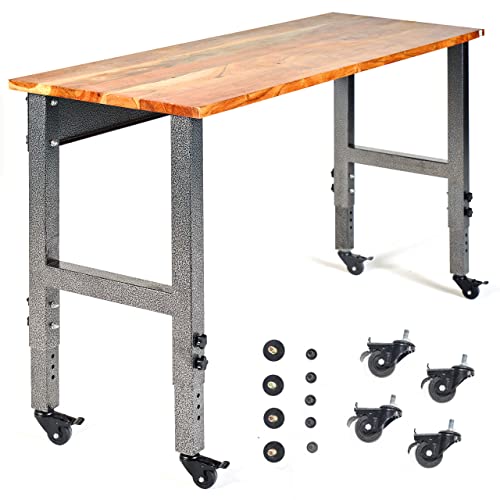 Fedmax Work Bench - 48" Rolling Portable Workbench for Garage - Metal with Acacia Hardwood Top, Adjustable Legs