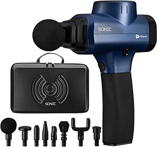 Sonic Handheld Percussion Massage Gun - Deep Tissue Massager for Sore Muscle and Stiffness - Quiet, 5 Speed High-Intensity Vibration - Quick Rechargeable Device - Includes 8 Massage Heads (Blue)