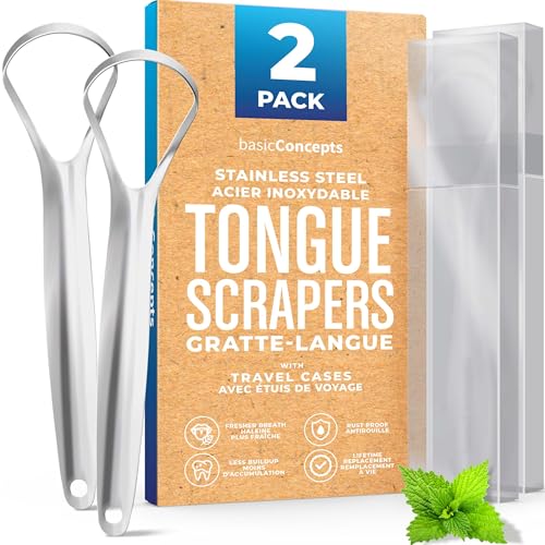 BASIC CONCEPTS Tongue Scraper (2 Pack), Reduce Bad Breath (Travel Cases Included), Stainless Steel Tongue Cleaners, 100% Metal Tongue Scrapers Fresher Breath