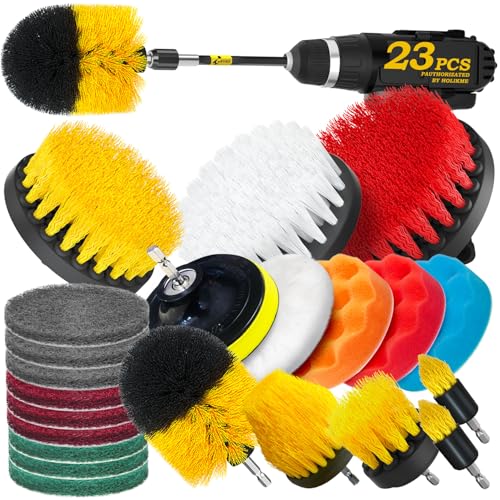 Holikme 22Piece Drill Brush Attachments Set, Scrub Pads & Sponge, Buffing Pads, Power Scrubber Brush with Extend Long Attachment, Car Polishing Pad Kit