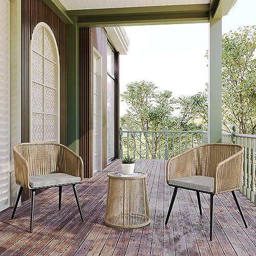 EAST OAK Patio Furniture Set 3-Piece, Outdoor Conversation Set Handwoven Rattan Wicker Chairs with Waterproof Cushions, Tempered Glass Top Coffee Table, Porch Bistro Sets for Backyard, Garden and Deck
