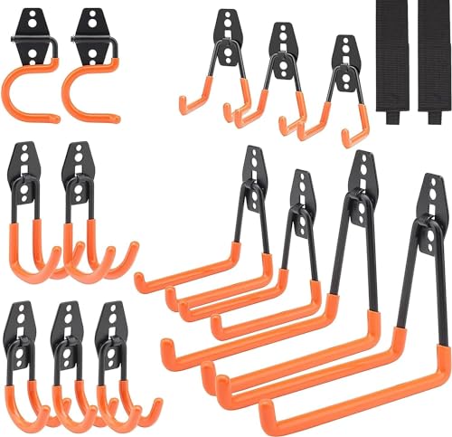Dorisy Upgraded 16 Packs Garage Hooks Utility Double Heavy Duty with Mop Broom Holders, Wall Mount Hooks, Garage Storage Organization and Tool Hangers for Power ï¼ Garden Tools, Ladders, Bikes(Orange)