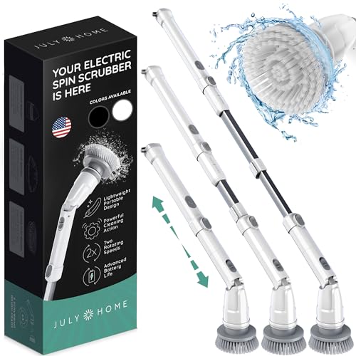 JULY HOME Electric Spin Scrubber - 360 Cordless Automatic Power Scrubber Brush for Shower, Surface Cleaner for Tile, Floor, Tub & Bathroom with Long Handle & 3 Replaceable Rotating Brush Heads (White)