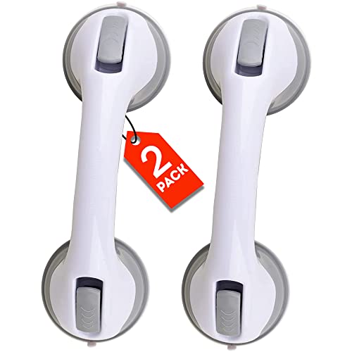 (2 Pack) Shower Handle 12 inch Grab Bars for Bathtubs and Showers Suction Grab Bar Bathroom Bathtub Bath Handles Handicap Elderly Seniors Safety Cup Grip Non Slip - ONLY for Tiles Glass & Hard Plastic