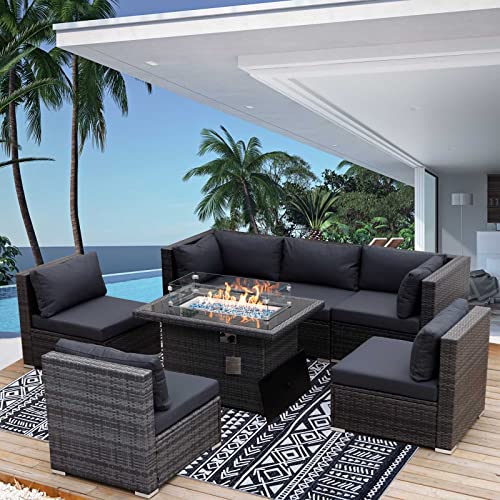 NICESOUL 118.7''L- High Back Large Size PE Rattan Patio Furniture Sectional Sofa Sets with Cushions Outdoor Wicker Conversation Sets with Fire Pit Table CSA Approved