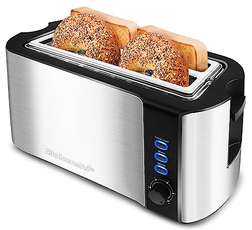 Elite Gourmet ECT-3100 Long Slot 4 Slice Toaster, Reheat, 6 Toast Settings, Defrost, Cancel Functions, Built-in Warming Rack, Extra Wide Slots for Bagels Waffles, Stainless Steel & Black