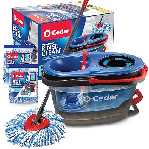 O-Cedar EasyWring RinseClean Microfiber Spin Mop & Bucket Floor Cleaning System with 2 Extra Refills, Grey
