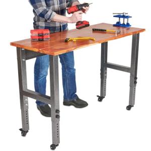Fedmax Work Bench - 48" Rolling Portable Workbench for Garage - Metal with Acacia Hardwood Top, Adjustable Legs