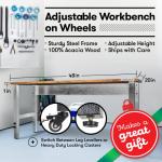 Fedmax Work Bench - 48" Rolling Portable Workbench for Garage - Metal with Acacia Hardwood Top, Adjustable Legs