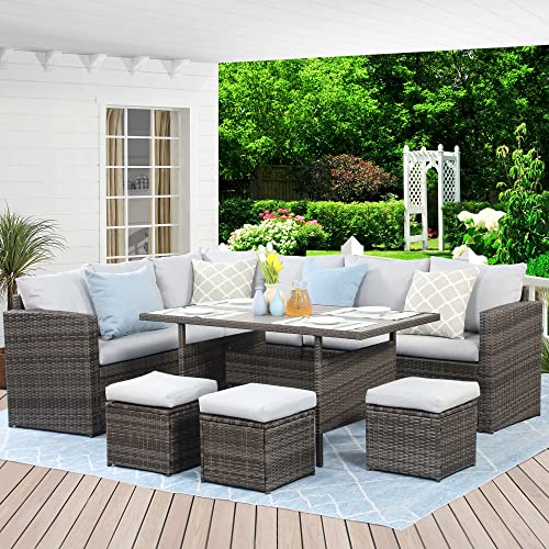 Wisteria Lane Outdoor Patio Furniture Set, 7 Piece Outdoor Dining Sectional Sofa with Dining Table and Chair, All Weather Wicker Conversation Set with Ottoman, Grey