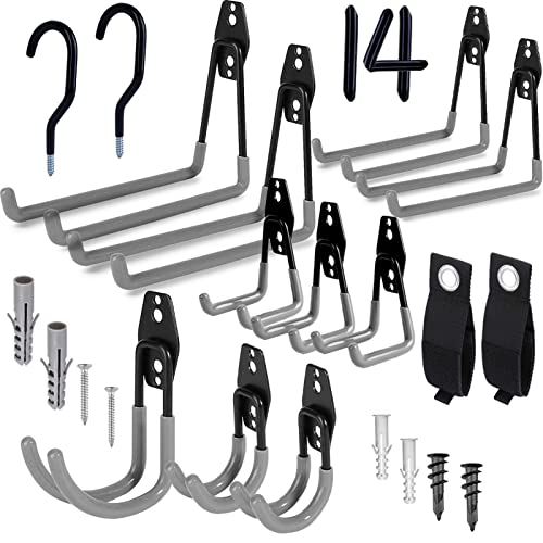 Garage Hooks, 14 Pack Heavy Duty Garage Storage Hooks Wall Mount Utility Hook Steel Double Tool Hangers with Bike Hooks for Hanging and Organizing Ladder Bicycle Stroller, Garden Tools, Bulk Items