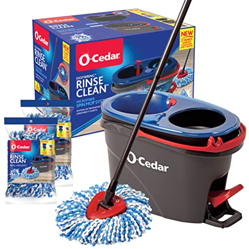 O-Cedar EasyWring RinseClean Microfiber Spin Mop & Bucket Floor Cleaning System with 2 Extra Refills, Grey