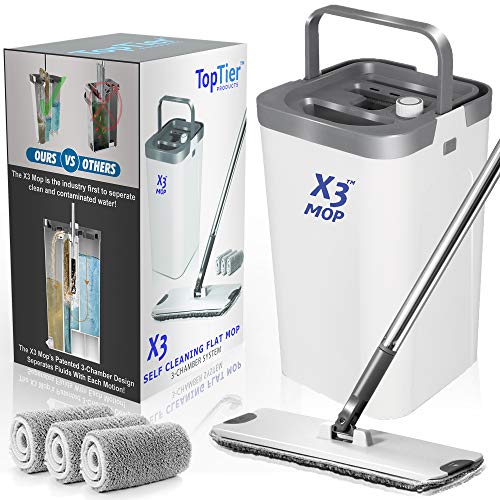 X3 Flat Floor Mop and Bucket Set, Separates Dirty and Clean Water, 3-Chamber Design, Hands Free Home Floor Cleaning, 3 Reusable Microfiber Mop Pads Included
