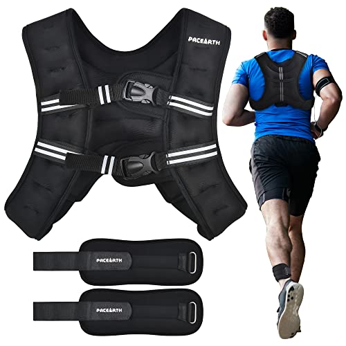 PACEARTH Weighted Vest with Ankle/Wrist Weights 6lbs-30lbs Body Weight Vest with Reflective Stripe, Size-Adjustable Workout Equipment for Strength Training, Walking, Jogging, Running for Men Women