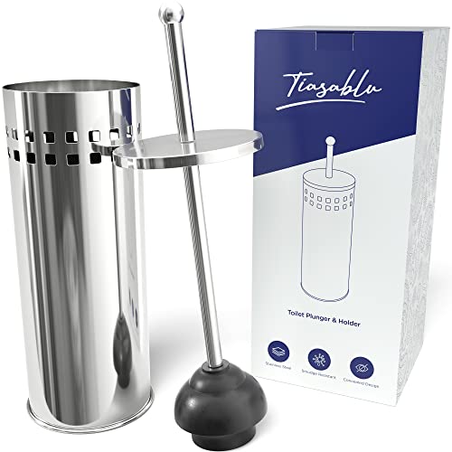 Tiasablu Plunger with Concealed Holder - Heavy Duty Plunger for Toilet, Plungers for Bathroom, No Splash Back, Long Handle - Discreet Toilet Plunger and Holder for Bathroom