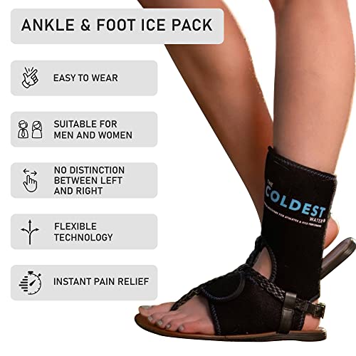 The Coldest Foot Ankle Achilles Pain Relief Ice Wrap with 2 Cold Gel Packs | Best for Achilles Tendon Injuries, Plantar Fasciitis, Bursitis & Sore Feet Built for Cold Therapy (Black XS-XL)