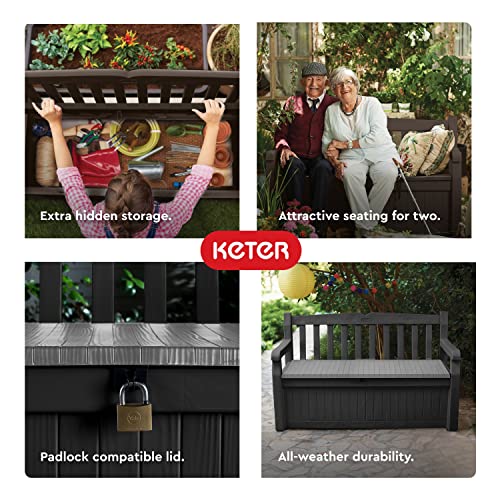 Keter Solana 70 Gallon Storage Bench Deck Box for Patio Furniture, Front Porch Decor and Outdoor Seating â Perfect to Store Garden Tools and Pool Toys, Brown