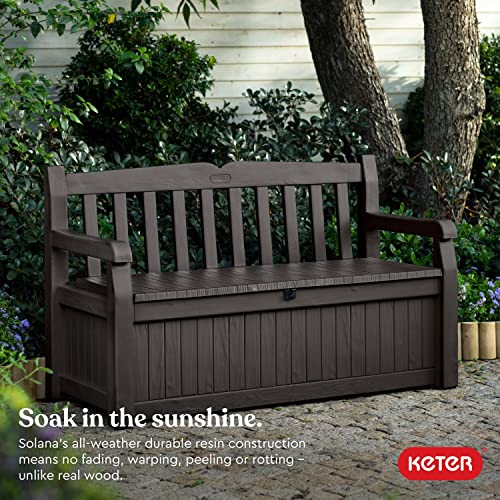 Keter Solana 70 Gallon Storage Bench Deck Box for Patio Furniture, Front Porch Decor and Outdoor Seating â Perfect to Store Garden Tools and Pool Toys, Brown
