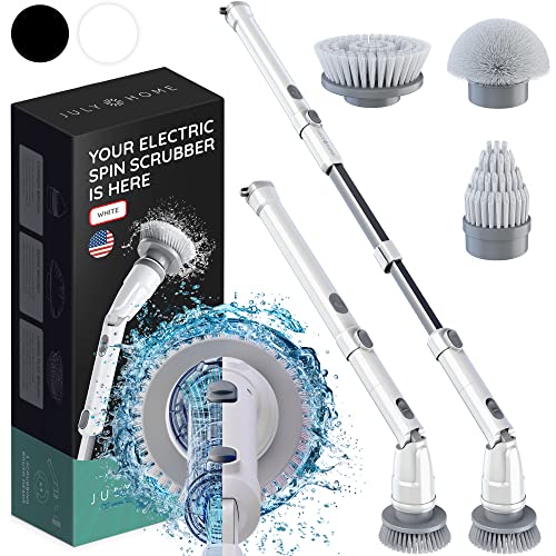 JULY HOME Electric Spin Scrubber - 360 Cordless Automatic Power Scrubber Brush for Shower, Surface Cleaner for Tile, Floor, Tub & Bathroom with Long Handle & 3 Replaceable Rotating Brush Heads (White)