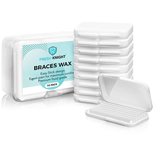 Braces Wax,10 Pack. Dental Wax for Braces & Aligners, Unscented & Flavorless - 50 Premium Orthodontic Wax Strips. White Cases. Includes storage case. Food Grade ortho brace wax. Fresh Knight. (White)