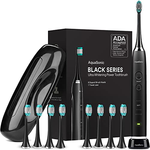 AquaSonic Black Series Ultra Whitening Toothbrush â ADA Accepted Electric Toothbrush - 8 Brush Heads & Travel Case - Ultra Sonic Motor & Wireless Charging - 4 Modes w Smart Timer - Sonic Electric