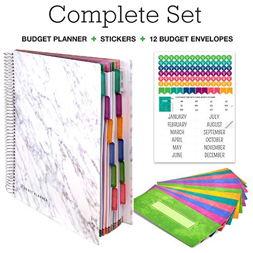 Budget Planner & Monthly Bill Organizer with 12 Envelopes and Pockets. Expense Tracker Notebook and Financial Planner Budget Book to Control Your Money. Large Size (8.5" x 11" - Grey Marble)