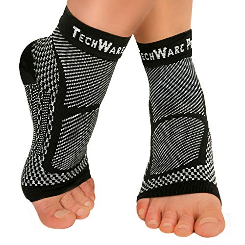 TechWare Pro Ankle Brace Compression Sleeve - Relieves Achilles Tendonitis, Joint Pain. Plantar Fasciitis Foot Sock with Arch Support Reduces Swelling & Heel Spur Pain. (Black, L / XL)