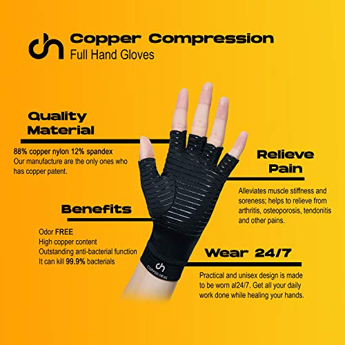 COPPER HEAL Arthritis Compression Gloves Rheumatoid Carpal Tunnel Glove Fingerless Pains Hands Support finger joint