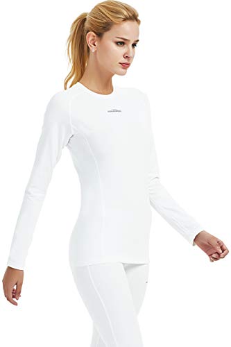 COOLOMG Women's Compression Shirts Crewneck Long Sleeve Cool Dry Base Layer Top White Medium