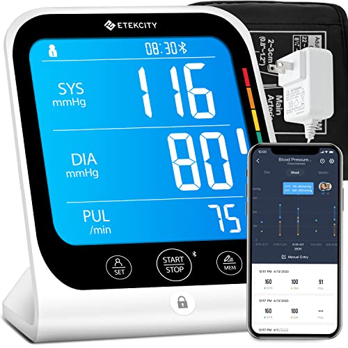 Bluetooth Blood Pressure Monitor, Smart Machine by Etekcity, FSA HSA Approved Products, Adjustable Cuff Large Arm Friendly for Home Use, Unlimited Memories in APP, Dual Power Sources