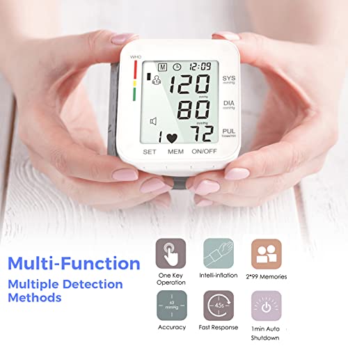 MMIZOO Blood Pressure Monitor Wrist Bp Monitor Large LCD Display Blood Pressure Machine Adjustable Wrist Cuff 5.31-7.68inch Automatic 90x2 Sets Memory for Home Use (W1681)