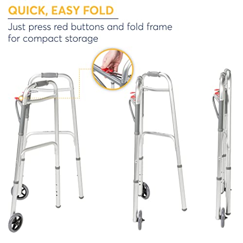 Drive Medical 10210-1 Deluxe 2-Button Folding Walker with Wheels