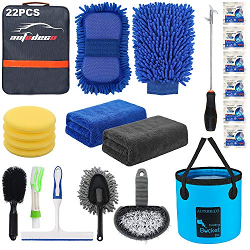 AUTODECO 22Pcs Car Wash Cleaning Tools Kit Car Detailing Set with Blue Canvas Bag Collapsible Bucket Wash Mitt Sponge Towels Tire Brush Window Scraper Duster Complete Interior Car Care Kit