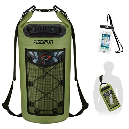 Piscifun Dry Bag, Waterproof Floating Backpack with Waterproof Phone Case for Kayking, Boating, Kayaking, Surfing, Rafting and Fishing, Army Green 20L
