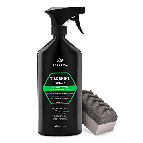 TriNova Tire Shine Spray No Wipe - Automotive Clear Coat Dressing for Wet & Slick Finish - Keeps Tires Black - with Rubber Protector - Prevents Fading & Yellowing - 18 OZ