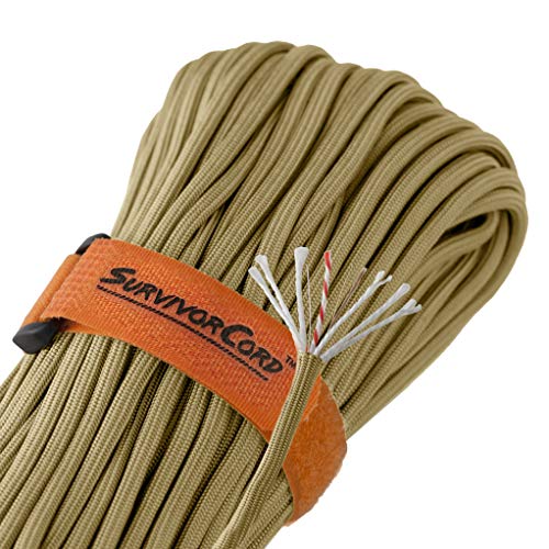620 LB SurvivorCord - The Original Patented Type III Military 550 Parachute Cord with Integrated Fishing Line, Multi-Purpose Wire, and Waterproof Fire Starter. 100 FEET, Coyote Brown Paracord
