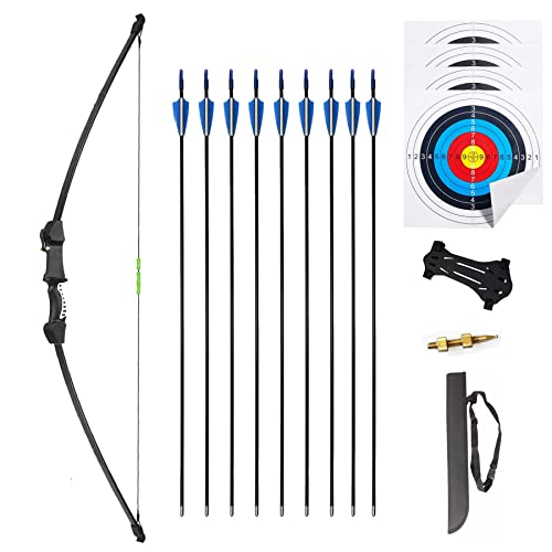 Mxessua 45" Bow and Arrows Set for Teens Recurve Archery Beginner Gift Longbow Kit Includes 9 Arrows, 4 Target Face Paper, Armground,Quiver, Sight 18 Lb for Backyard Sport Game (Black)
