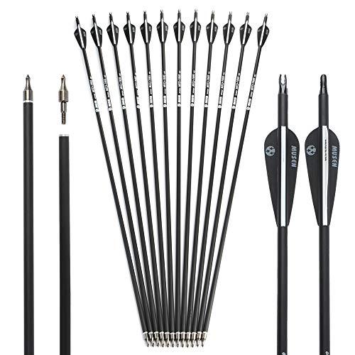 Musen 28"/30" Carbon Archery Arrows, Shaft Spine 500 with Removable Tips, GPI 13.0 Hunting and Target Practice Arrows for Both Compound Bow and Recurve Bow, 12 Pcs