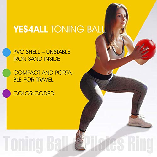 Yes4All Soft Weighted Toning Ball - 6 lb Sand Ball and Magic Circle Pilates Ring - Pilates Resistance Ring (Red)
