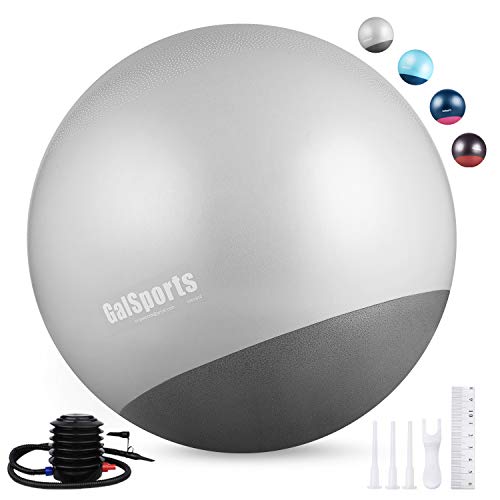 GalSports Exercise Ball Yoga Ball Stability Ball with Extra-Thick Base for Workout, Seating, Fitness & Birthing, Anti-Burst (Arctic Silver & Midnight Black, 60cm)