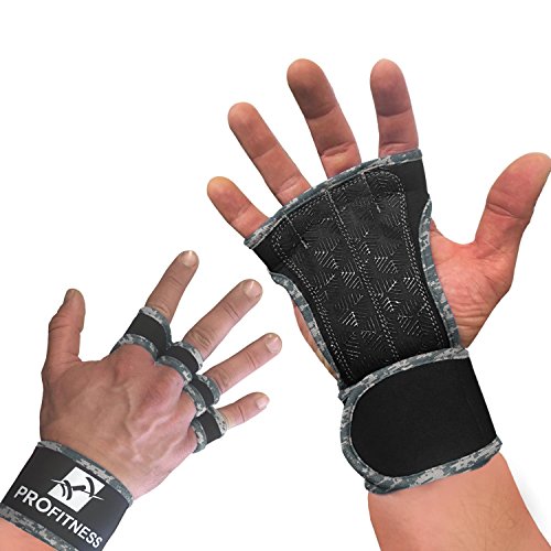 ProFitness Neoprene Workout Gloves with Silicone Non-Slip Grip – WODs, Weightlifting, Cross Training – Wrist Strap Support – Unisex for Men and Women (Camo, X-Small)