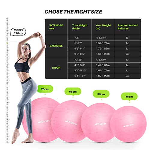 Trideer Exercise Ball (45-85cm) Extra Thick Yoga Ball Chair, Anti-Burst Heavy Duty Stability Ball Supports 2200lbs, Birthing Ball with Quick Pump (Office & Home & Gym) (Pink, M (48-55cm))